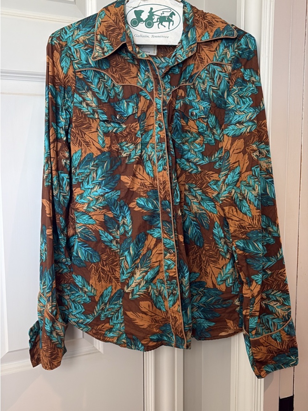 Roper Brown and Teal Leaf Print Button-Down Shirt